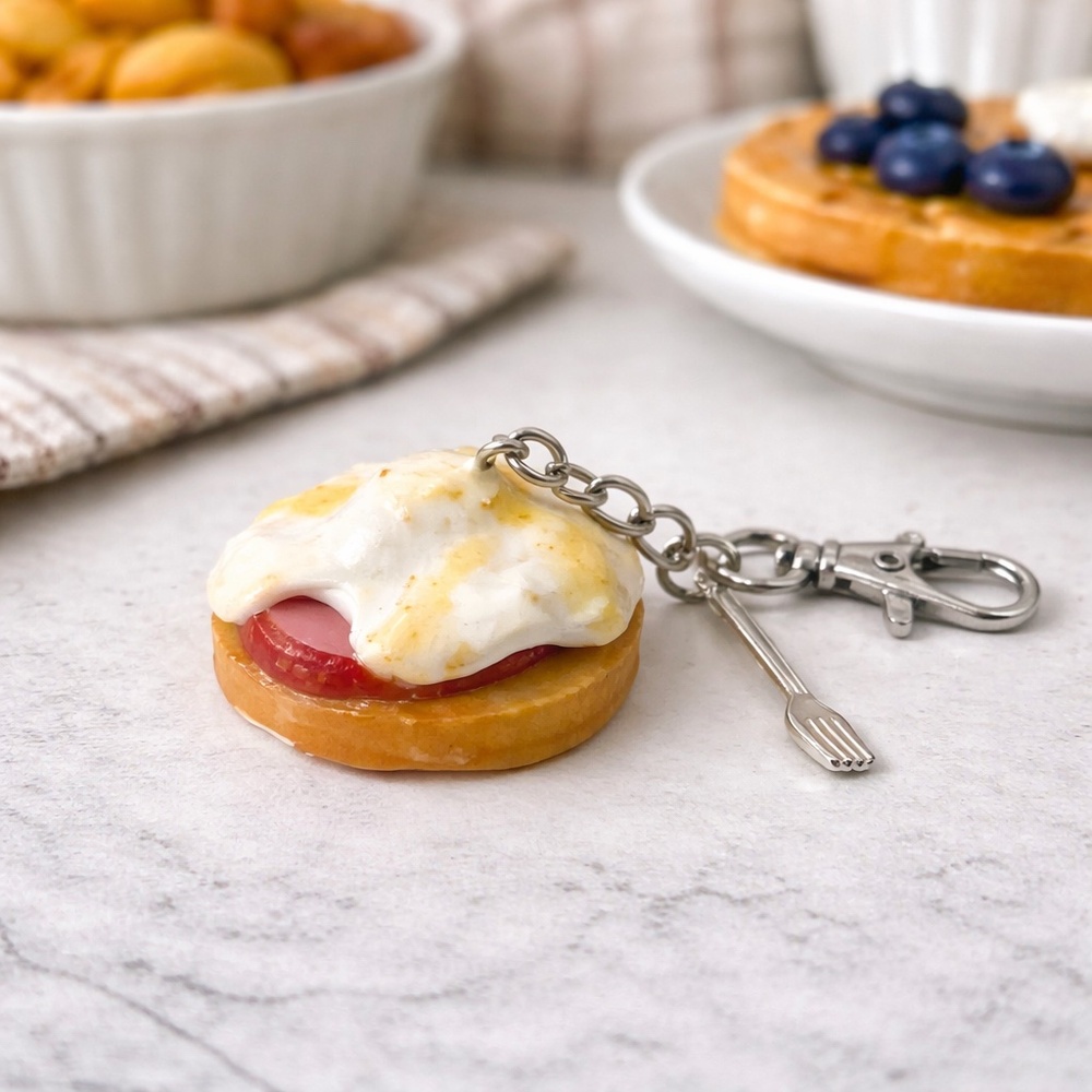 Eggs Benedict Keychain/Bag Clip, Handmade Clay Breakfast Charm, Foodie Gift